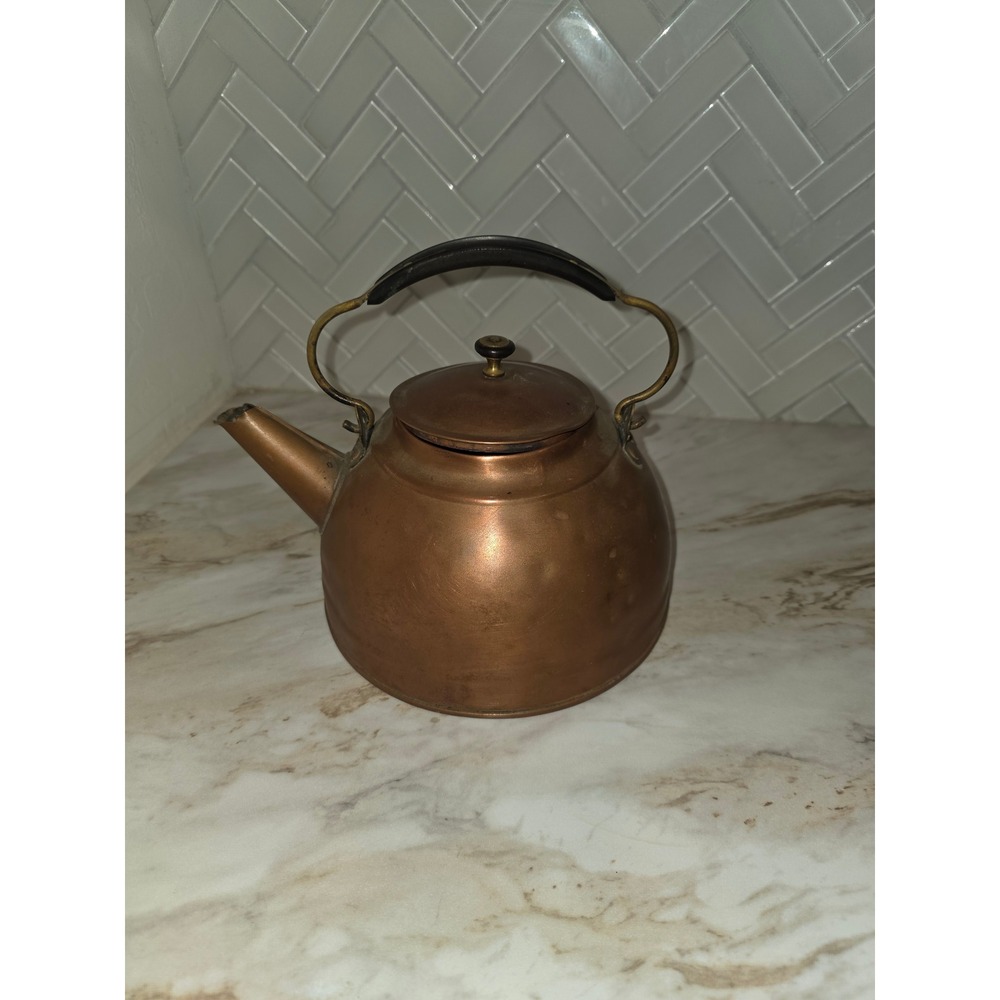 Vintage Copper Tea Kettle with Brass Accents, Farmhouse Decor